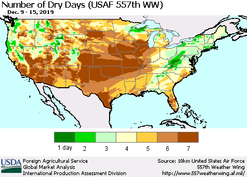 United States Number of Dry Days (USAF 557th WW) Thematic Map For 12/9/2019 - 12/15/2019