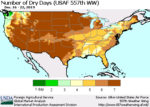 United States Number of Dry Days (USAF 557th WW) Thematic Map For 12/16/2019 - 12/22/2019