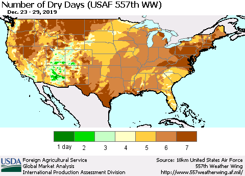 United States Number of Dry Days (USAF 557th WW) Thematic Map For 12/23/2019 - 12/29/2019