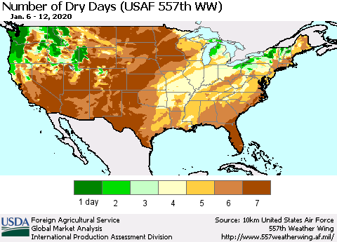 United States Number of Dry Days (USAF 557th WW) Thematic Map For 1/6/2020 - 1/12/2020