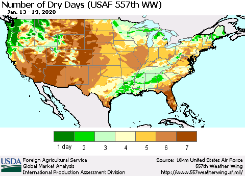 United States Number of Dry Days (USAF 557th WW) Thematic Map For 1/13/2020 - 1/19/2020