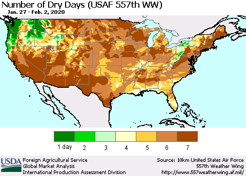 United States Number of Dry Days (USAF 557th WW) Thematic Map For 1/27/2020 - 2/2/2020
