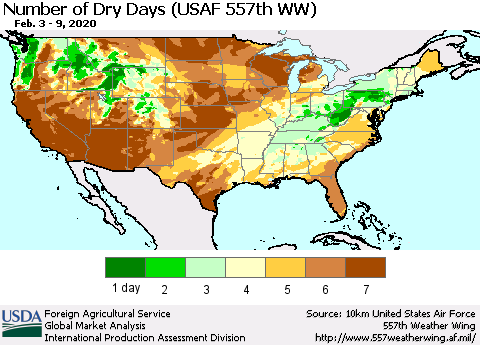 United States Number of Dry Days (USAF 557th WW) Thematic Map For 2/3/2020 - 2/9/2020