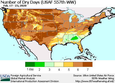 United States Number of Dry Days (USAF 557th WW) Thematic Map For 2/17/2020 - 2/23/2020