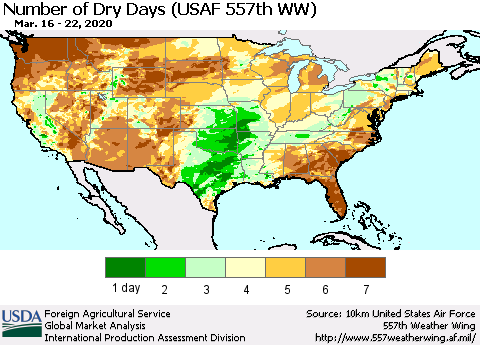 United States Number of Dry Days (USAF 557th WW) Thematic Map For 3/16/2020 - 3/22/2020