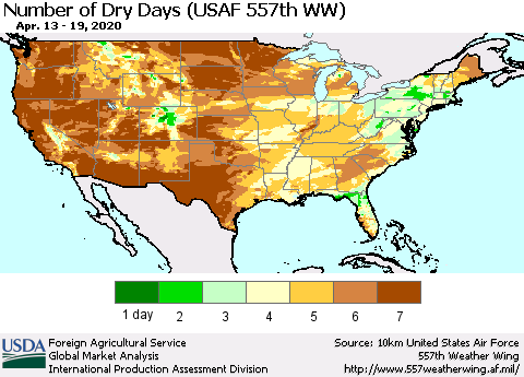 United States Number of Dry Days (USAF 557th WW) Thematic Map For 4/13/2020 - 4/19/2020