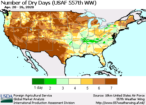 United States Number of Dry Days (USAF 557th WW) Thematic Map For 4/20/2020 - 4/26/2020