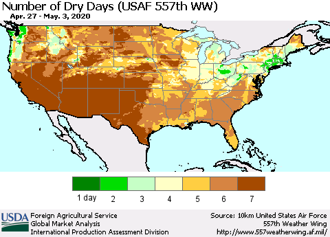 United States Number of Dry Days (USAF 557th WW) Thematic Map For 4/27/2020 - 5/3/2020