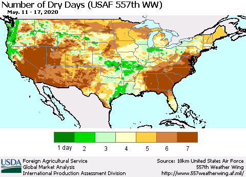 United States Number of Dry Days (USAF 557th WW) Thematic Map For 5/11/2020 - 5/17/2020