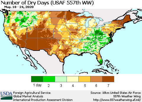 United States Number of Dry Days (USAF 557th WW) Thematic Map For 5/18/2020 - 5/24/2020