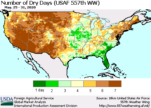 United States Number of Dry Days (USAF 557th WW) Thematic Map For 5/25/2020 - 5/31/2020