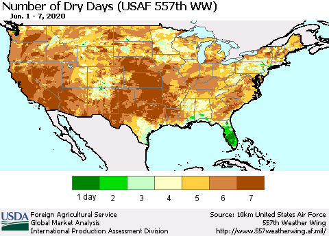 United States Number of Dry Days (USAF 557th WW) Thematic Map For 6/1/2020 - 6/7/2020