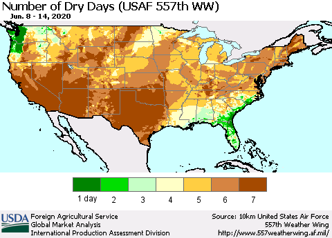 United States Number of Dry Days (USAF 557th WW) Thematic Map For 6/8/2020 - 6/14/2020