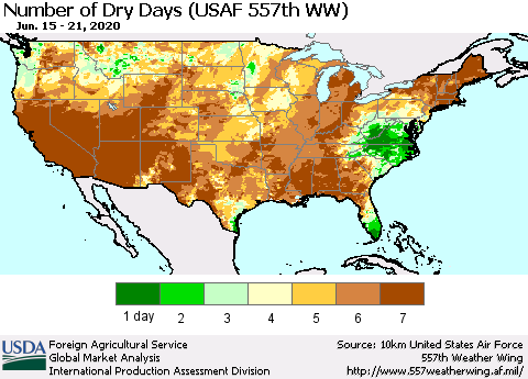 United States Number of Dry Days (USAF 557th WW) Thematic Map For 6/15/2020 - 6/21/2020