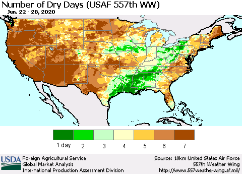 United States Number of Dry Days (USAF 557th WW) Thematic Map For 6/22/2020 - 6/28/2020