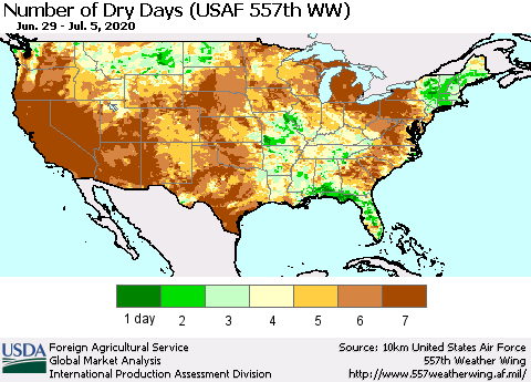 United States Number of Dry Days (USAF 557th WW) Thematic Map For 6/29/2020 - 7/5/2020