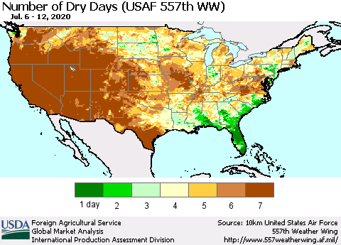 United States Number of Dry Days (USAF 557th WW) Thematic Map For 7/6/2020 - 7/12/2020