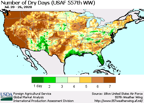 United States Number of Dry Days (USAF 557th WW) Thematic Map For 7/20/2020 - 7/26/2020