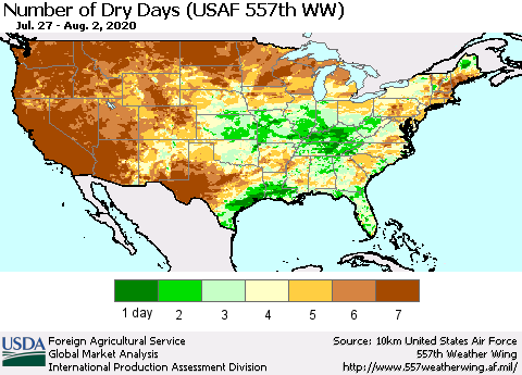 United States Number of Dry Days (USAF 557th WW) Thematic Map For 7/27/2020 - 8/2/2020