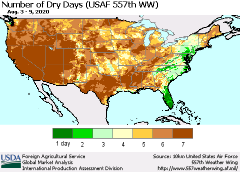United States Number of Dry Days (USAF 557th WW) Thematic Map For 8/3/2020 - 8/9/2020