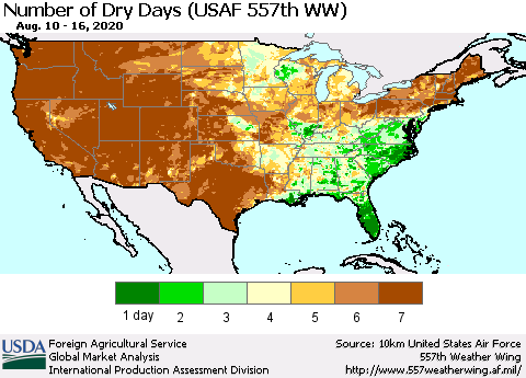 United States Number of Dry Days (USAF 557th WW) Thematic Map For 8/10/2020 - 8/16/2020