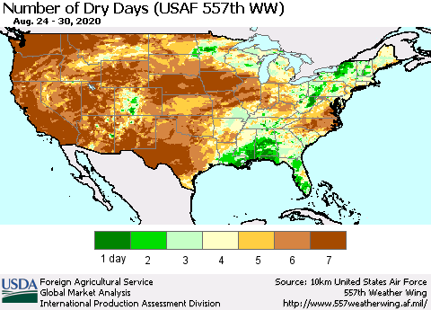 United States Number of Dry Days (USAF 557th WW) Thematic Map For 8/24/2020 - 8/30/2020