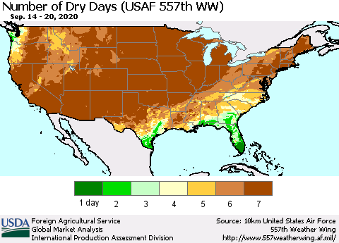 United States Number of Dry Days (USAF 557th WW) Thematic Map For 9/14/2020 - 9/20/2020