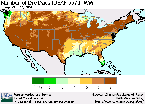 United States Number of Dry Days (USAF 557th WW) Thematic Map For 9/21/2020 - 9/27/2020