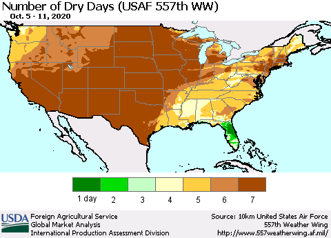 United States Number of Dry Days (USAF 557th WW) Thematic Map For 10/5/2020 - 10/11/2020
