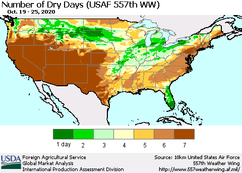 United States Number of Dry Days (USAF 557th WW) Thematic Map For 10/19/2020 - 10/25/2020
