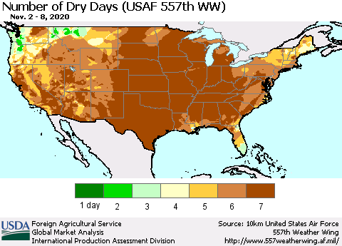 United States Number of Dry Days (USAF 557th WW) Thematic Map For 11/2/2020 - 11/8/2020
