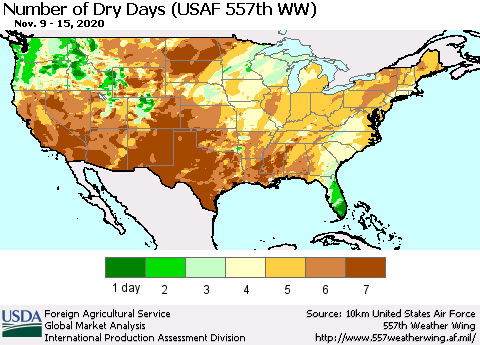 United States Number of Dry Days (USAF 557th WW) Thematic Map For 11/9/2020 - 11/15/2020