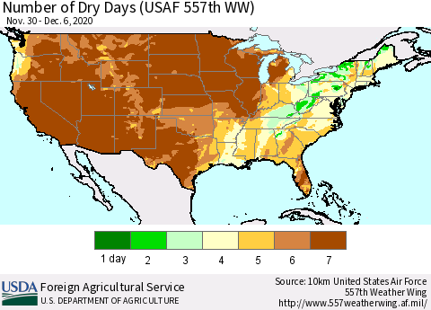 United States Number of Dry Days (USAF 557th WW) Thematic Map For 11/30/2020 - 12/6/2020
