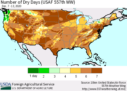 United States Number of Dry Days (USAF 557th WW) Thematic Map For 12/7/2020 - 12/13/2020