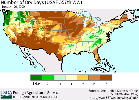 United States Number of Dry Days (USAF 557th WW) Thematic Map For 12/14/2020 - 12/20/2020