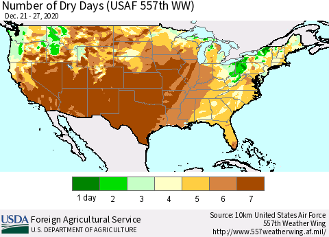 United States Number of Dry Days (USAF 557th WW) Thematic Map For 12/21/2020 - 12/27/2020