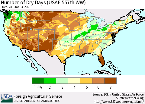 United States Number of Dry Days (USAF 557th WW) Thematic Map For 12/28/2020 - 1/3/2021