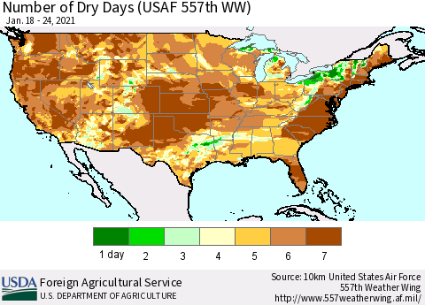 United States Number of Dry Days (USAF 557th WW) Thematic Map For 1/18/2021 - 1/24/2021