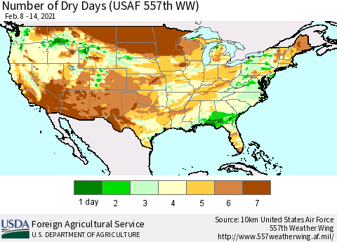 United States Number of Dry Days (USAF 557th WW) Thematic Map For 2/8/2021 - 2/14/2021