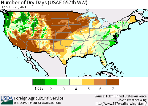 United States Number of Dry Days (USAF 557th WW) Thematic Map For 2/15/2021 - 2/21/2021