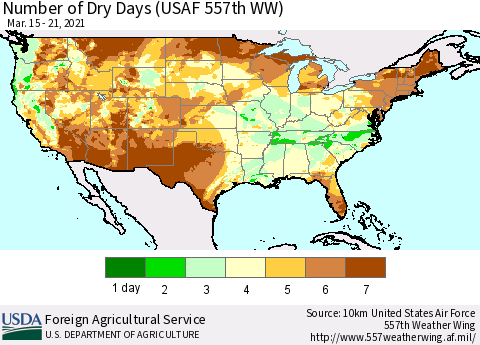 United States Number of Dry Days (USAF 557th WW) Thematic Map For 3/15/2021 - 3/21/2021