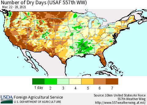 United States Number of Dry Days (USAF 557th WW) Thematic Map For 3/22/2021 - 3/28/2021