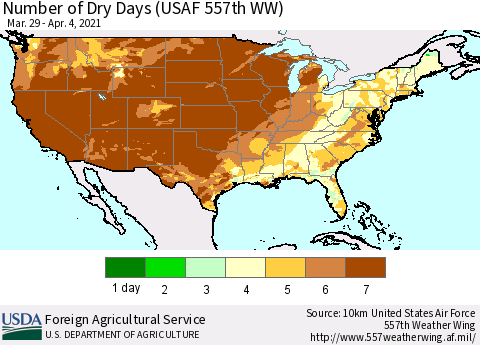 United States Number of Dry Days (USAF 557th WW) Thematic Map For 3/29/2021 - 4/4/2021