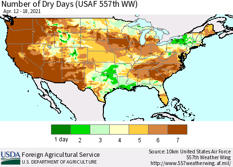 United States Number of Dry Days (USAF 557th WW) Thematic Map For 4/12/2021 - 4/18/2021