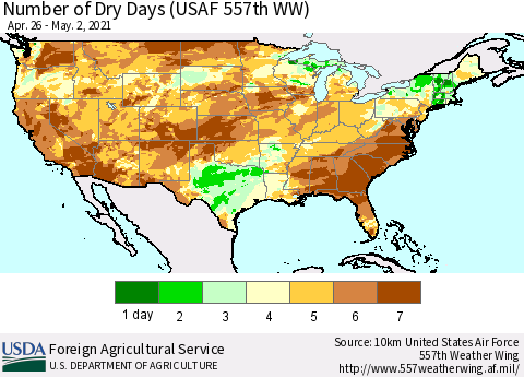 United States Number of Dry Days (USAF 557th WW) Thematic Map For 4/26/2021 - 5/2/2021