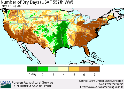 United States Number of Dry Days (USAF 557th WW) Thematic Map For 5/17/2021 - 5/23/2021