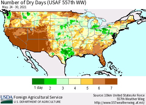 United States Number of Dry Days (USAF 557th WW) Thematic Map For 5/24/2021 - 5/30/2021