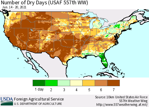 United States Number of Dry Days (USAF 557th WW) Thematic Map For 6/14/2021 - 6/20/2021