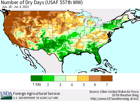 United States Number of Dry Days (USAF 557th WW) Thematic Map For 6/28/2021 - 7/4/2021