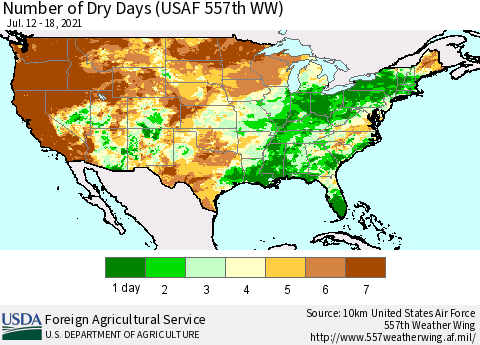 United States Number of Dry Days (USAF 557th WW) Thematic Map For 7/12/2021 - 7/18/2021